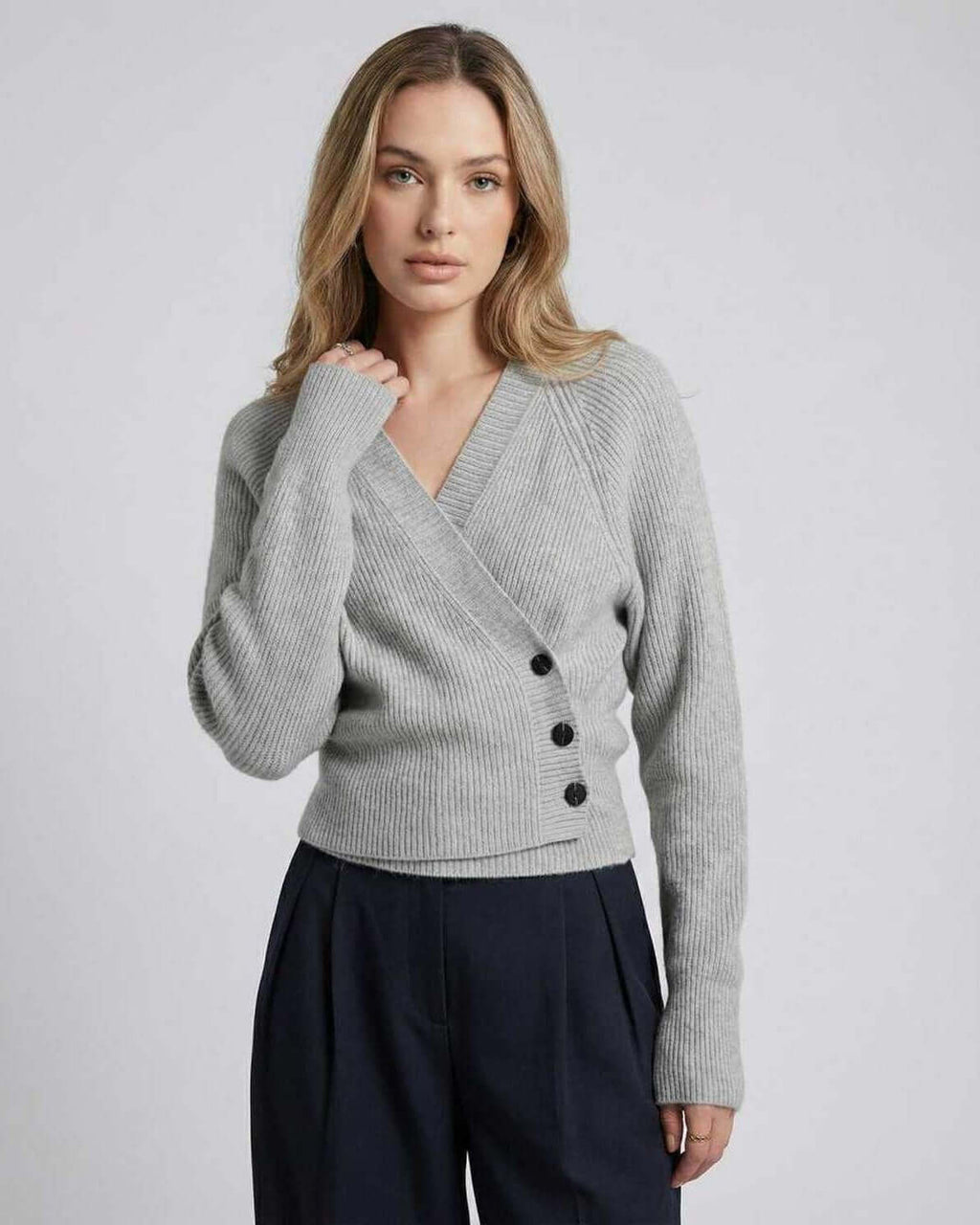 Vienna Sweater by Lauven - Women's gray wrap sweater in ribbed knit with long sleeves and buttons.