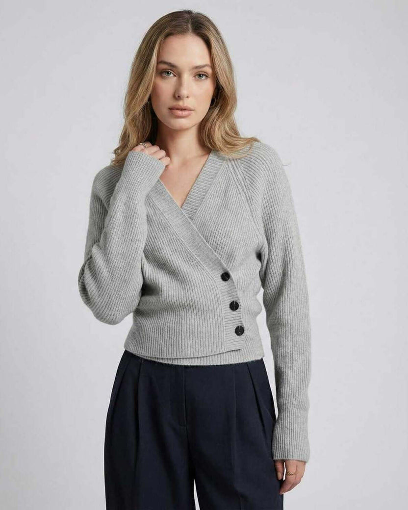 Vienna Sweater by Lauven - Women's gray wrap sweater in ribbed knit with long sleeves and buttons.