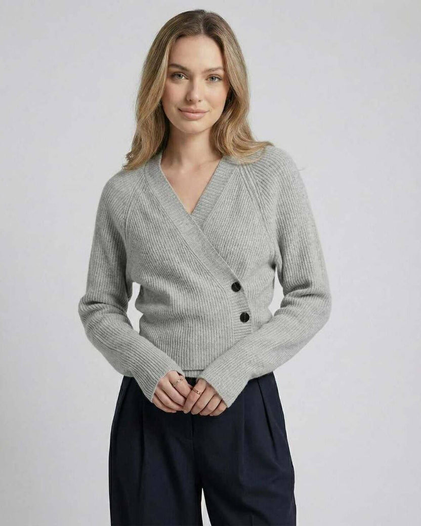 Vienna Sweater by Lauven – Women’s gray wrap sweater with ribbed knit texture and long sleeves.