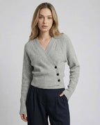Vienna Sweater by Lauven - Women’s Gray Wrap Sweater with Ribbed Knit Long Sleeves