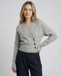 Vienna Sweater by Lauven – Women’s gray wrap sweater with ribbed knit texture and V-neck design.
