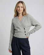 Vienna Sweater by Lauven – Women’s gray wrap sweater with ribbed knit texture and V-neck design.