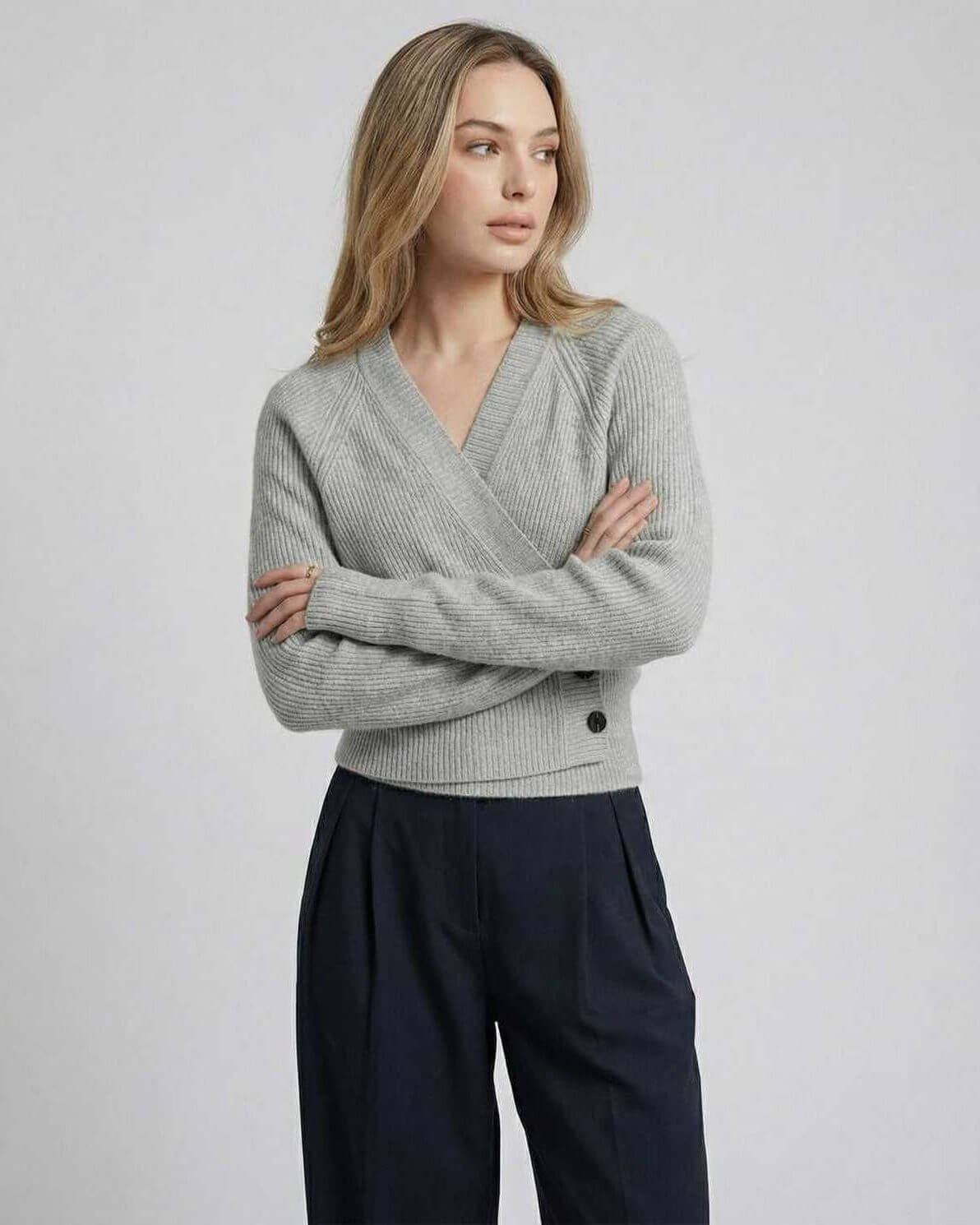 Vienna Sweater by Lauven – Women’s Gray Wrap Sweater with Ribbed Knit Long Sleeves
