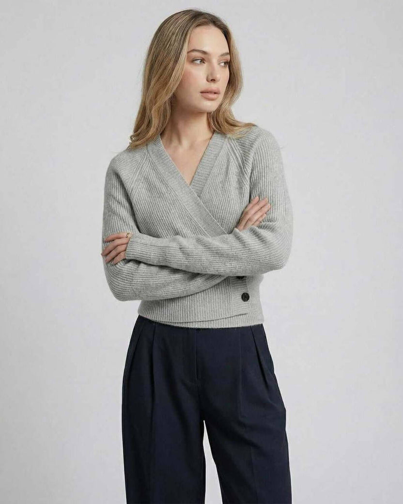Vienna Sweater by Lauven – Women’s Gray Wrap Sweater with Ribbed Knit Long Sleeves
