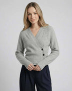 Vienna Sweater by Lauven – Women’s gray wrap sweater with ribbed knit texture and long sleeves.