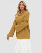 Sahara Sweater by Lauven – Women’s oversized off the shoulder knit sweater in mustard color.