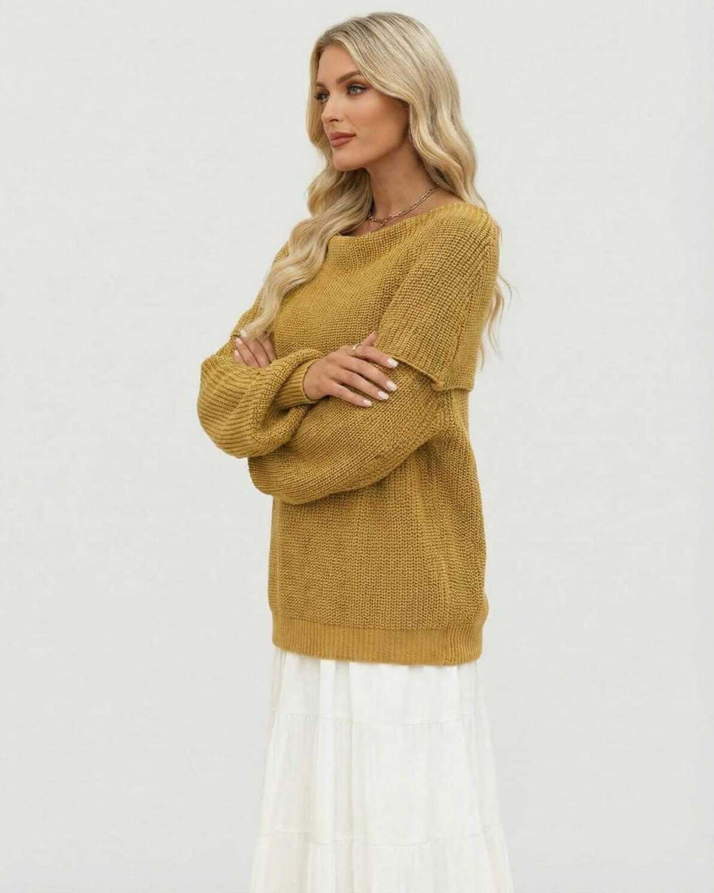 Sahara Sweater by Lauven – Women's oversized off the shoulder sweater in a cozy yellow knit.