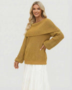 Sahara Sweater by Lauven, women's oversized knit off the shoulder sweater in mustard color.