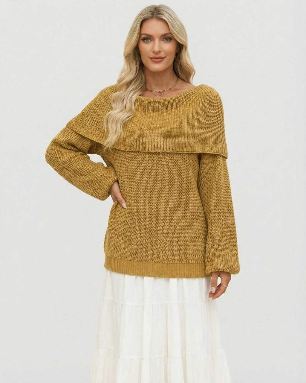 Sahara Sweater by Lauven – Women’s oversized off the shoulder sweater in a cozy mustard knit.