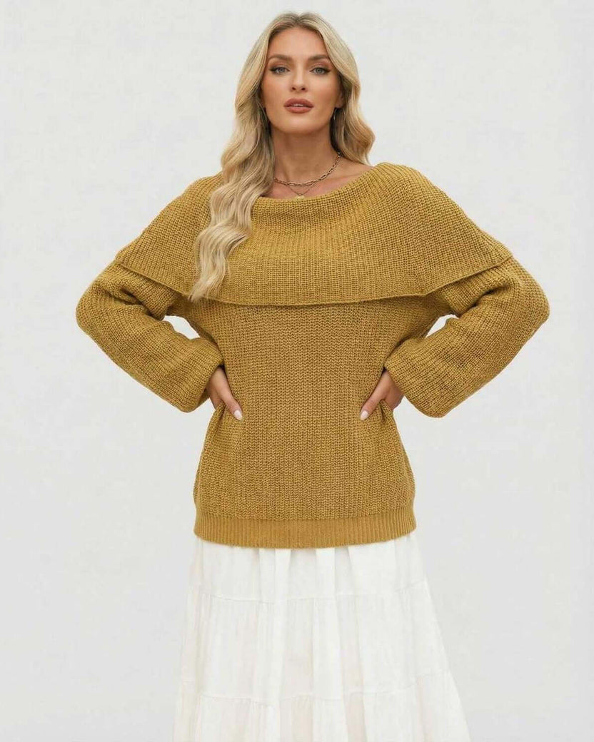 Sahara Sweater by Lauven – Women’s Oversized Off The Shoulder Knit Sweater in Mustard Color