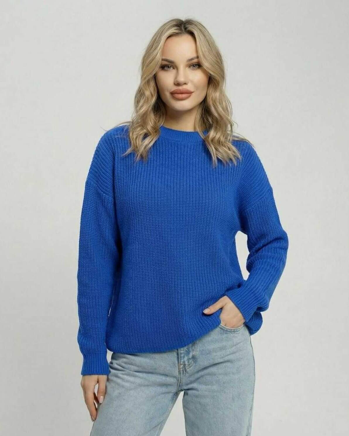 Monaco Sweater by Lauven - Women's blue loose fit sweater with crew neck in waffle knit.