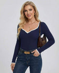 Milano Sweater by Lauven - Women’s navy V neck sweater with slim fit and modern contrast detailing.
