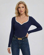 Milano Sweater by Lauven – Women’s Navy V Neck Sweater with Slim Fit Silhouette and Modern Contrast Detailing