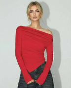 Scarlet Pullover by Lauven – Women’s red off shoulder pullover with a slim fit design.