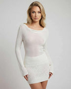Sienna Mini Dress by Lauven, women's white mini dress with long sleeves and fitted waist.
