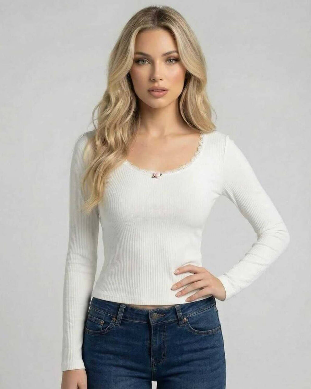 Elara Pullover - Women’s white pullover sweater with lace trim and long sleeves by Lauven.