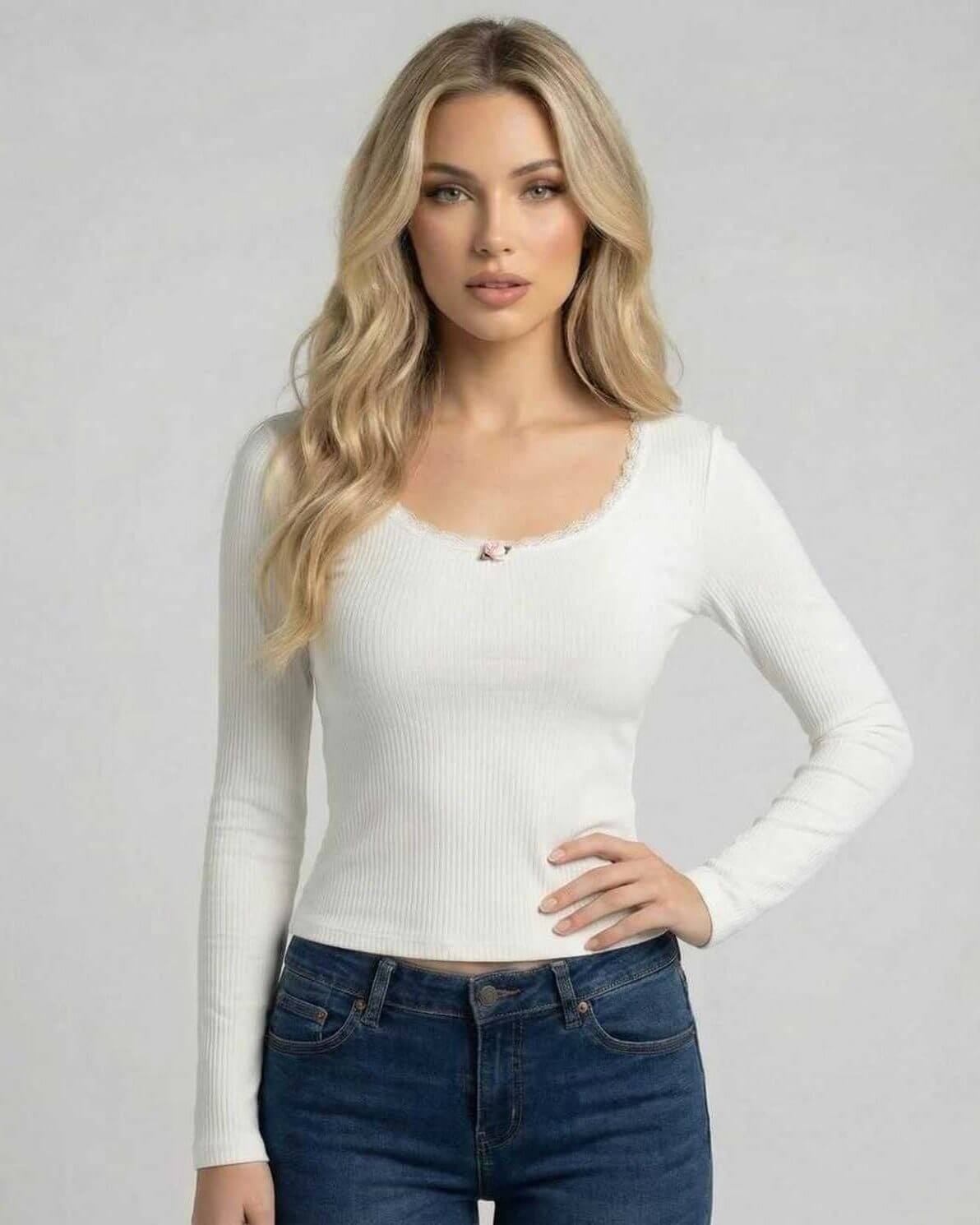 Elara Pullover - Women’s white pullover sweater with lace trim and long sleeves by Lauven.