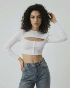 Monaco Top by Lauven - Women's white long sleeve cut out top in ribbed knit with button detail.