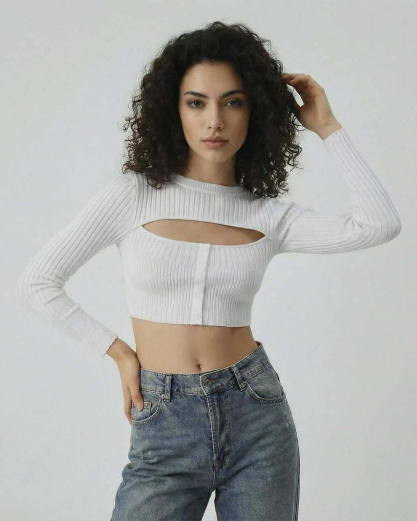 Monaco Top by Lauven - Women's white long sleeve cut out top in ribbed knit with button detail.