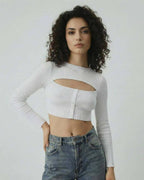 Monaco Top by Lauven - Women’s white long sleeve cut out top in ribbed knit, featuring a modern silhouette and button detail.