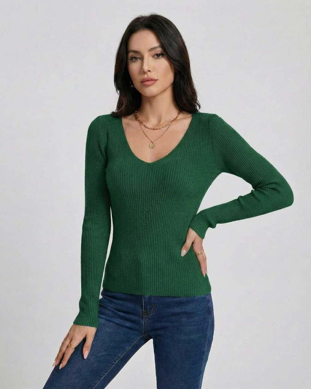 Siena Pullover by Lauven – Women's green V-neck slim fit pullover sweater with long sleeves.