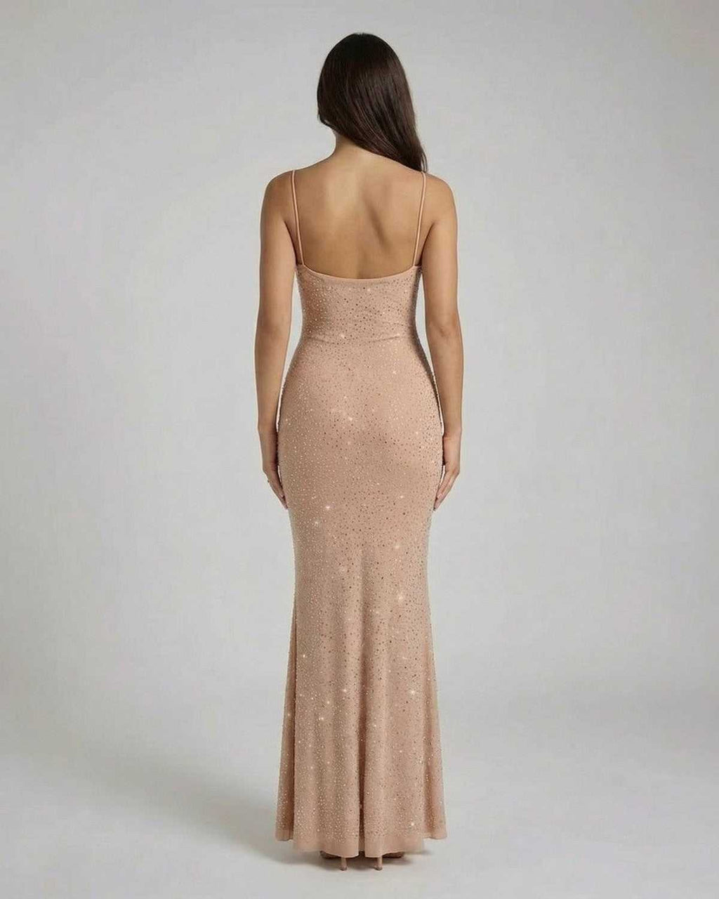 Celeste Maxi Dress by Lauven, sequin bodycon maxi dress with spaghetti straps shown from the back.