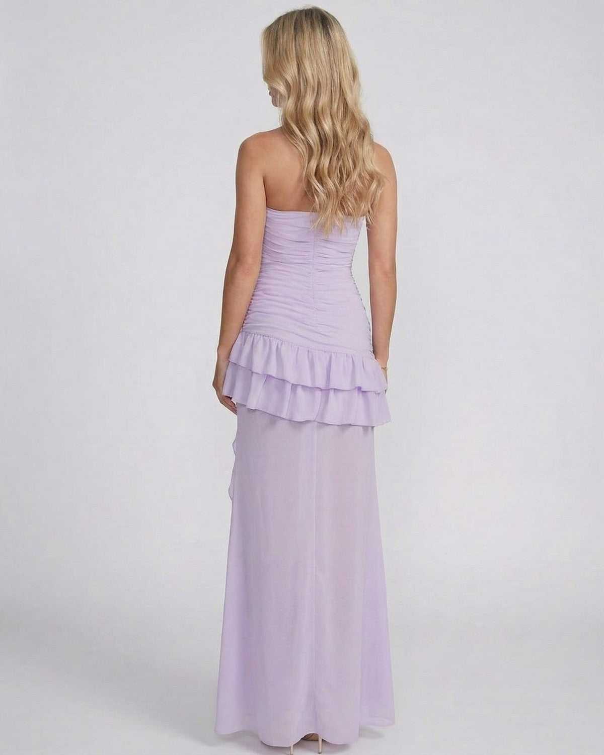 Lavelle Maxi Dress by Lauven, featuring a cowl neck, high-waist silhouette, and layered ruffles in soft lavender.