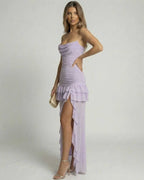 Lavelle Maxi Dress by Lauven - Lavender cowl neck dress with ruffles and high-waist silhouette.