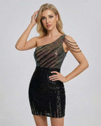Orion Mini Dress by Lauven, one-shoulder sequin bodycon mini dress showcasing a sleek silhouette and multidimensional shine.
