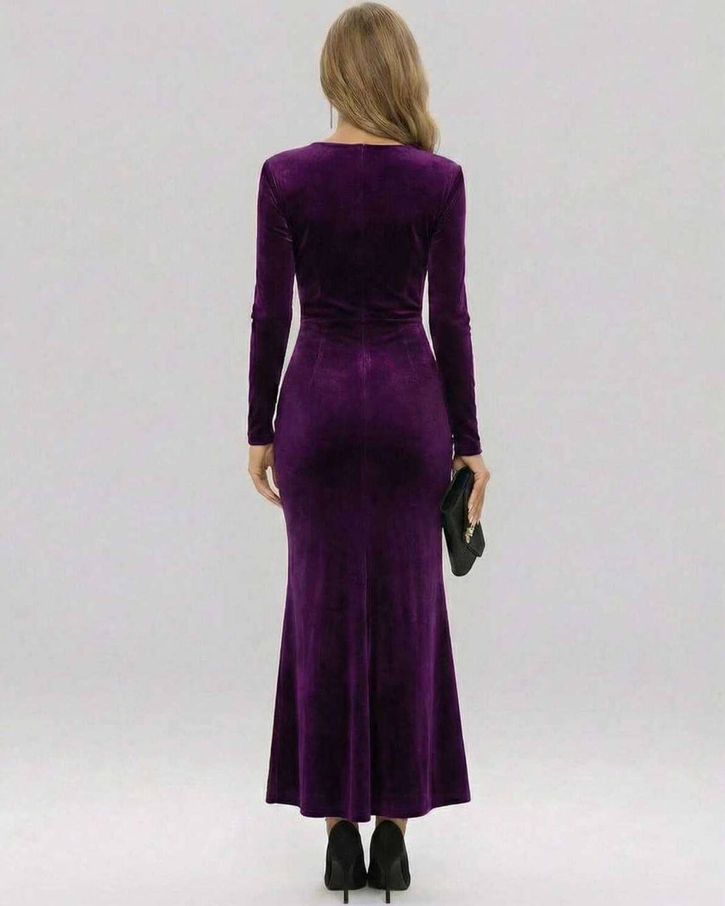 Back view of Amara Maxi Dress in Regal Purple Velvet by Lauven, showcasing the elegant, floor-length design.