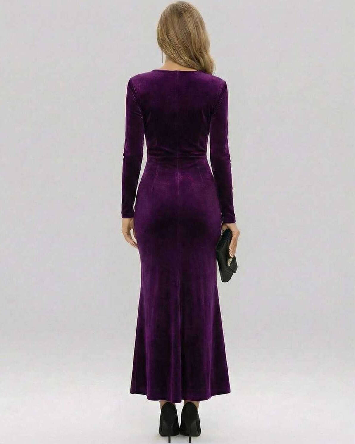 Back view of Amara Maxi Dress in Regal Purple Velvet by Lauven, showcasing the elegant, floor-length design.