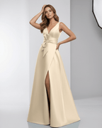 Calista Maxi Dress - Elegant ivory satin, A-Line silhouette, deep V-neck, and stylish bow detail by Lauven.