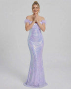 Celestia Maxi Dress by Lauven — Off-Shoulder Sequin Evening Dress in Purple