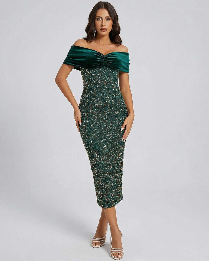 Emerald Midi Dress by Lauven showcasing an elegant off-shoulder design with velvet and sequin details.