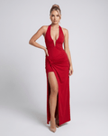 Red maxi dress by Lauven, featuring a V-neck, sleeveless design, and elegant drape for formal occasions.