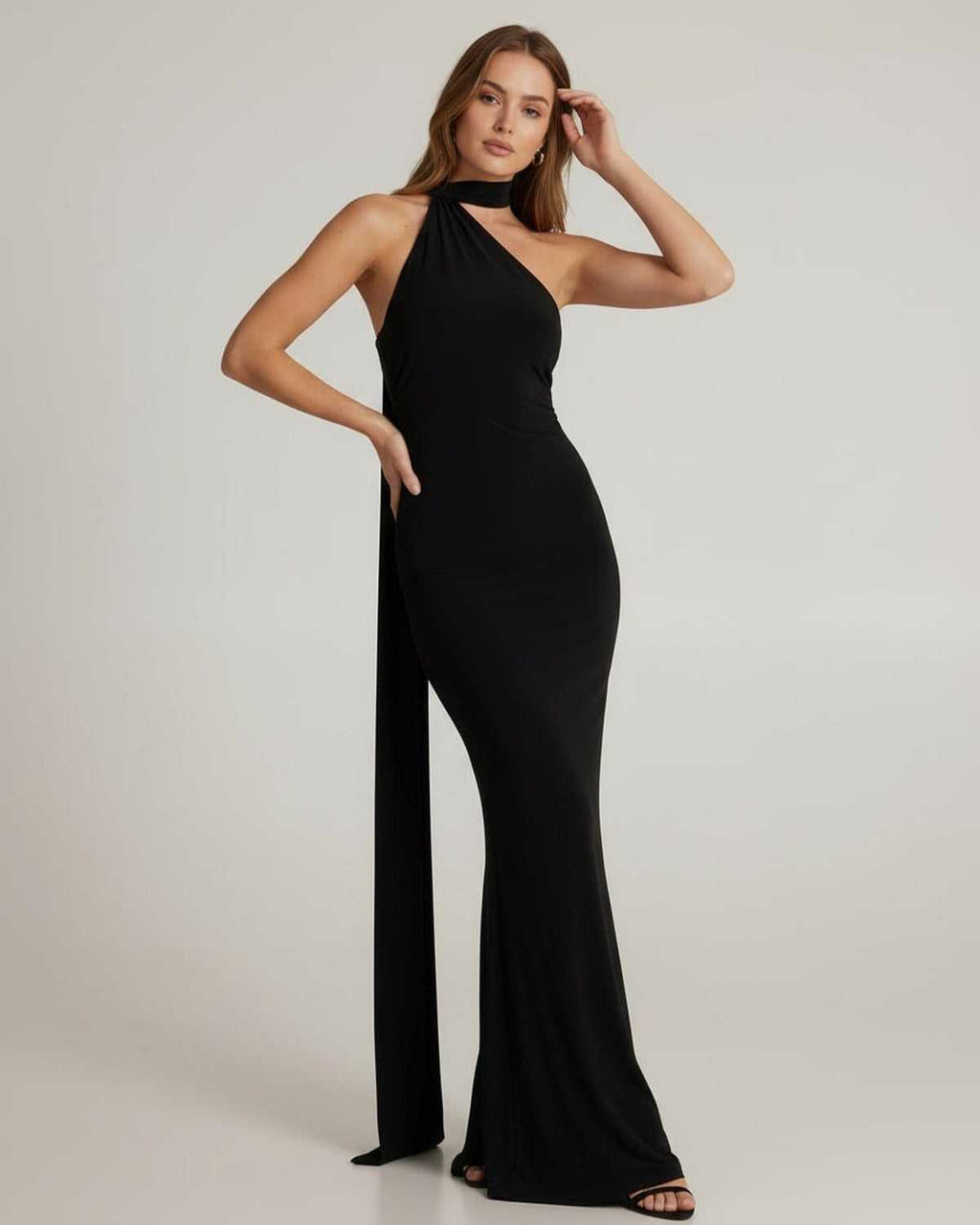 Solene Maxi Dress by Lauven, black halter neck dress with draped sash, elegant floor-length silhouette.