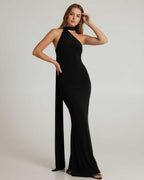 Solene Maxi Dress by Lauven, black halter neck dress with draped sash, elegant floor-length silhouette.