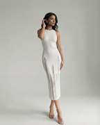 Alba Midi Dress - Elegant white bodycon dress with sleeveless design, by Lauven, perfect for sophisticated style.