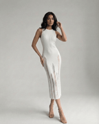 Alba Midi Dress by Lauven, white bodycon dress with sleek sleeveless design, showcasing an elegant silhouette.