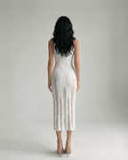 Alba Midi Dress in white, showcasing a sleeveless design and elegant bodycon fit from the back view, by Lauven.