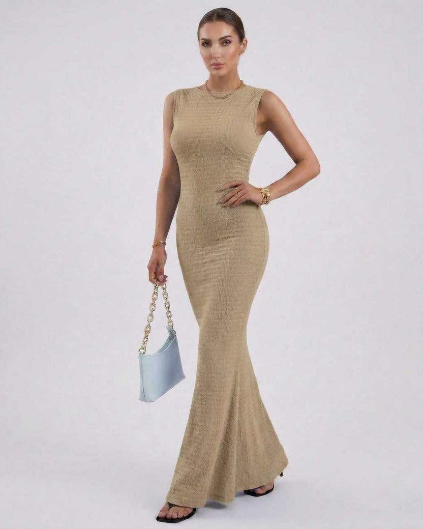 Alina Maxi Dress by Lauven, beige sleeveless ankle-length pencil dress with a form-fitting silhouette.