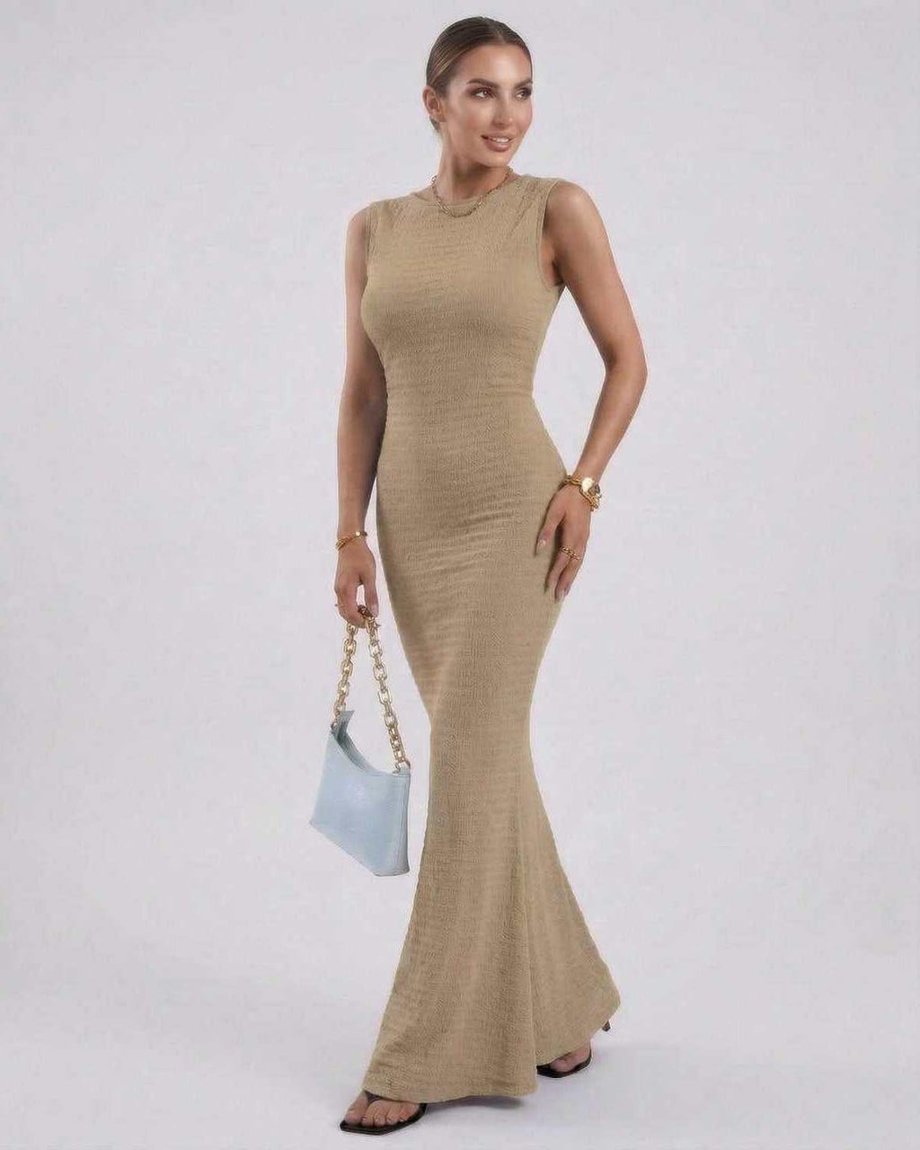Alina Maxi Dress by Lauven - Beige Sleeveless Slim Fit Ankle-Length Pencil Dress