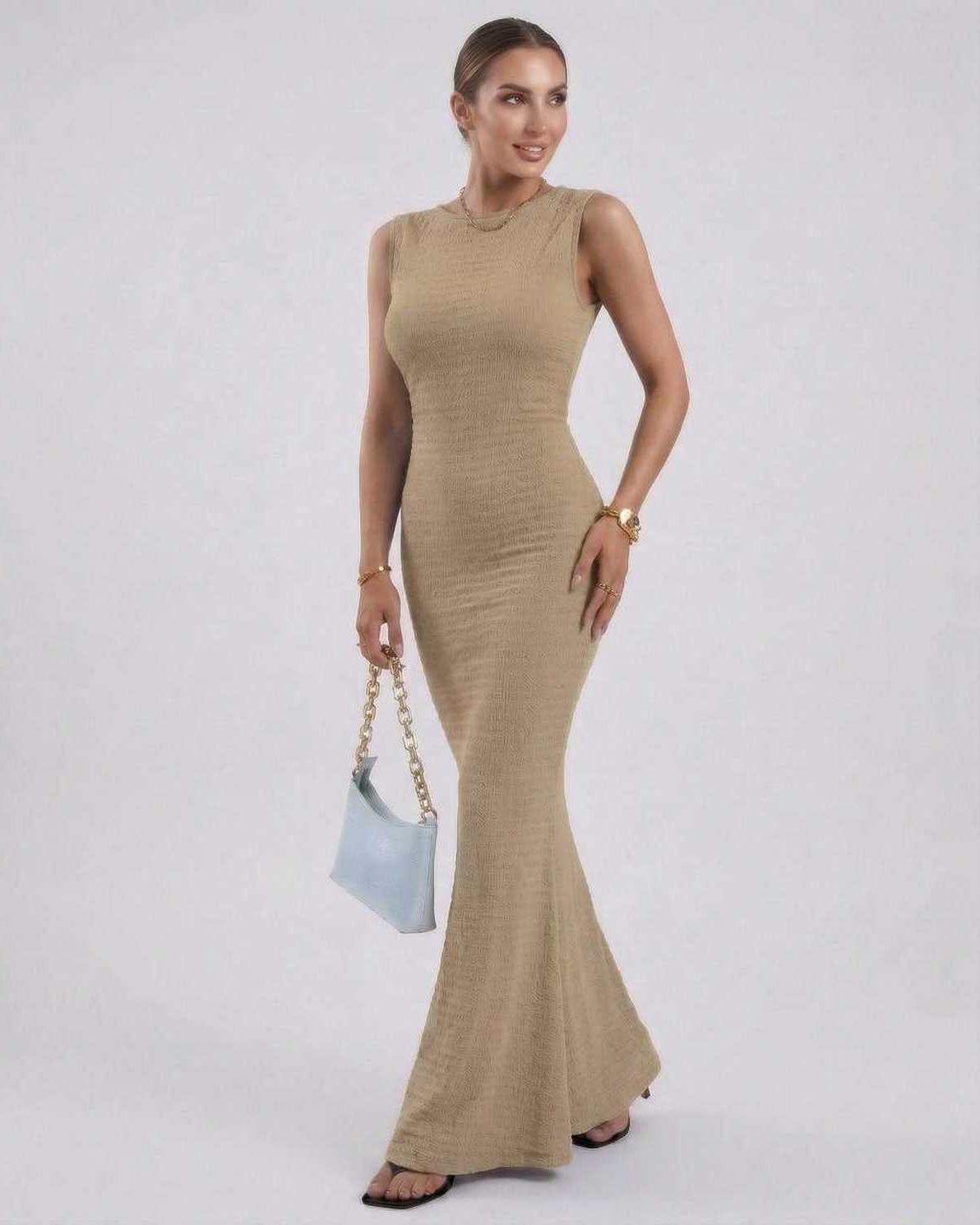 Alina Maxi Dress by Lauven - Beige Sleeveless Slim Fit Ankle-Length Pencil Dress