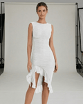 Alina Midi Dress - White Sleeveless Ruched Dress with Ruffle Hem by Lauven for elegant daytime and evening wear.