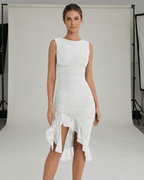 Alina Midi Dress - White Sleeveless Ruched Dress with Ruffle Hem by Lauven for elegant daytime and evening wear.