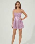 Amara Mini Dress by Lauven featuring elegant sequined A-line design in lilac color with spaghetti straps.