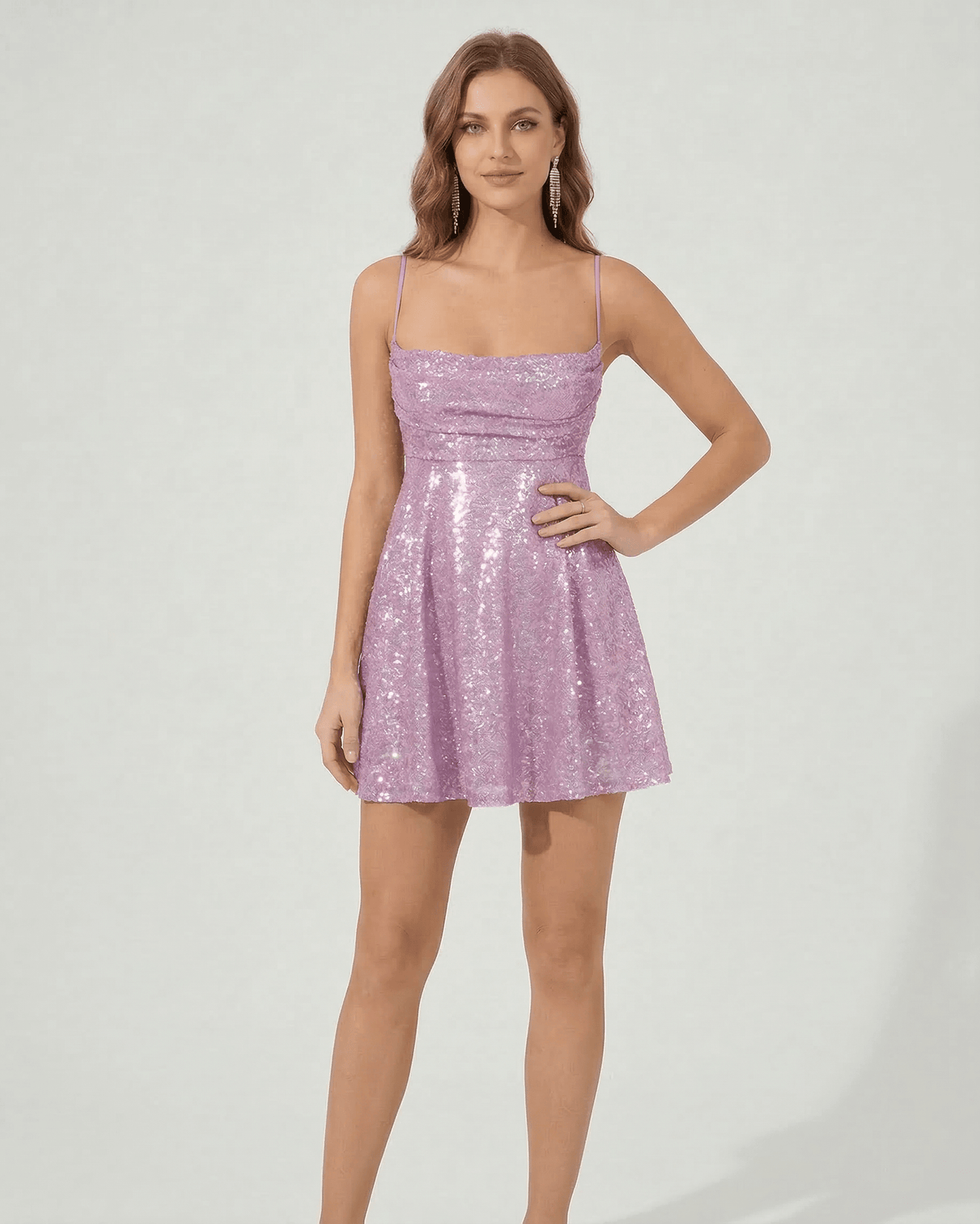 Amara Mini Dress by Lauven featuring elegant sequined A-line design in lilac color with spaghetti straps.