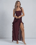 Amaranth Maxi Dress by Lauven, luxurious deep plum sheer maxi dress with ruffled straps and thigh-high side slit.