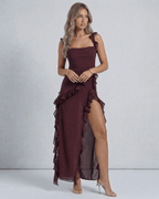Amaranth Maxi Dress by Lauven, luxurious deep plum sheer maxi dress with ruffled straps and thigh-high side slit.