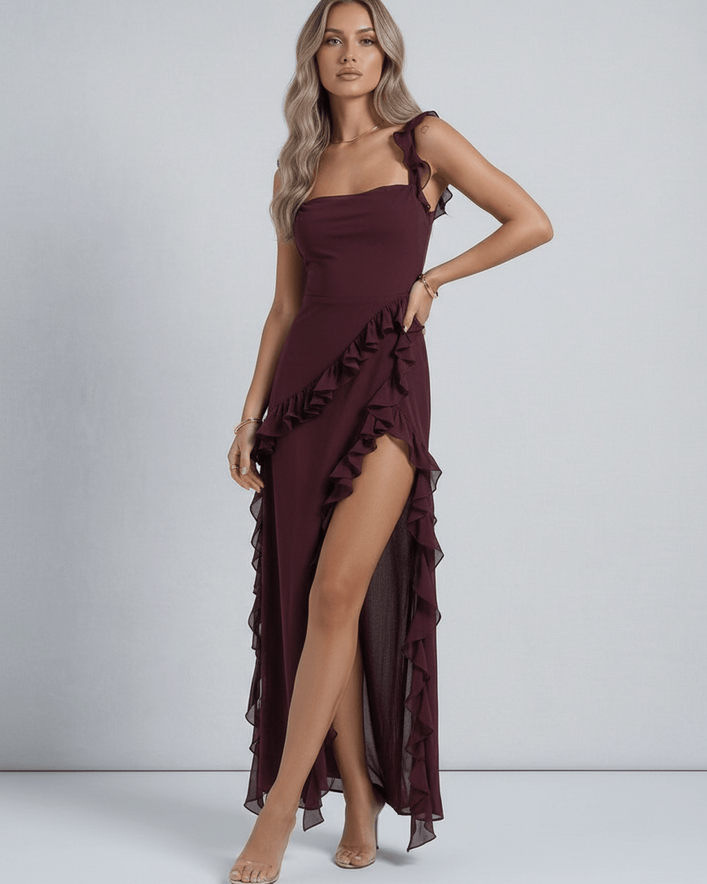 Amaranth Maxi Dress by Lauven, deep plum color, sheer ruffles, elegant asymmetric hemline, thigh-high side slit.